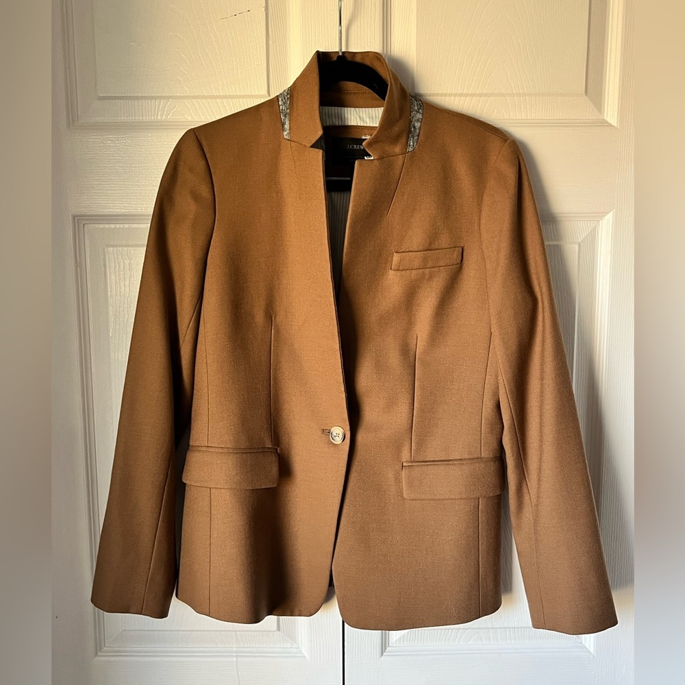 J Crew - “Regent” High Neck Wool Blend Blazer in Camel Brown